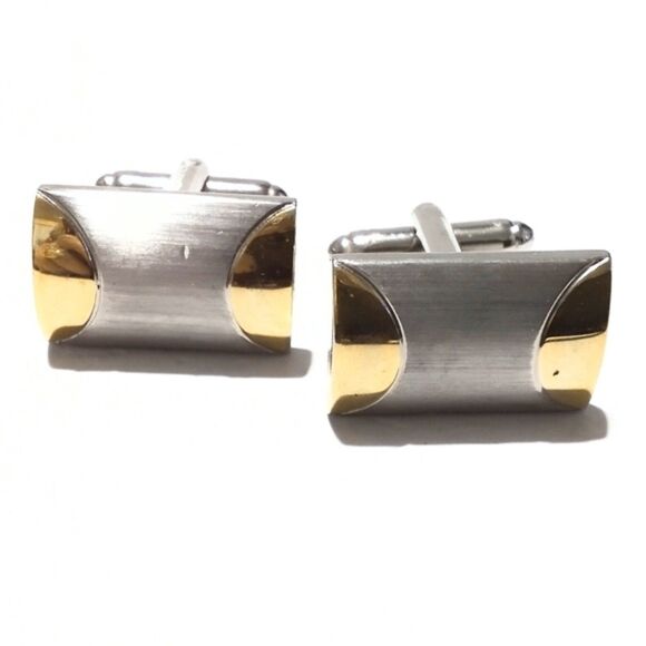 Men's Vintage Brushed Silver And Gold Tone Cuff Links - Picture 2 of 4